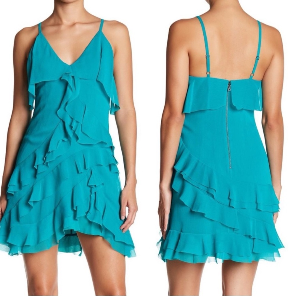 ALICE + OLIVIA Lavinia Chiffon Ruffle Tiered Teal Blue Mini Dress